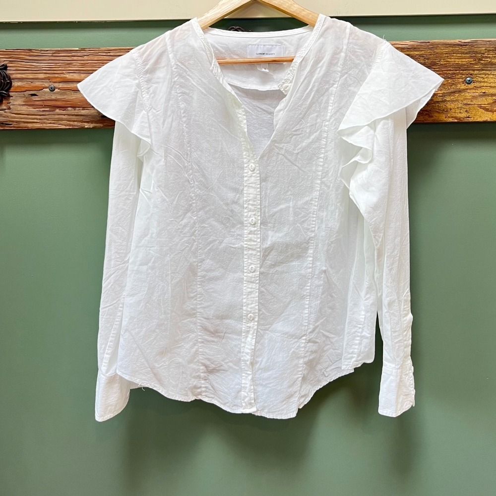 Current/Elliott Womens White Cotton Ruffle Shoulder Button Down Blouse‎ Size 2